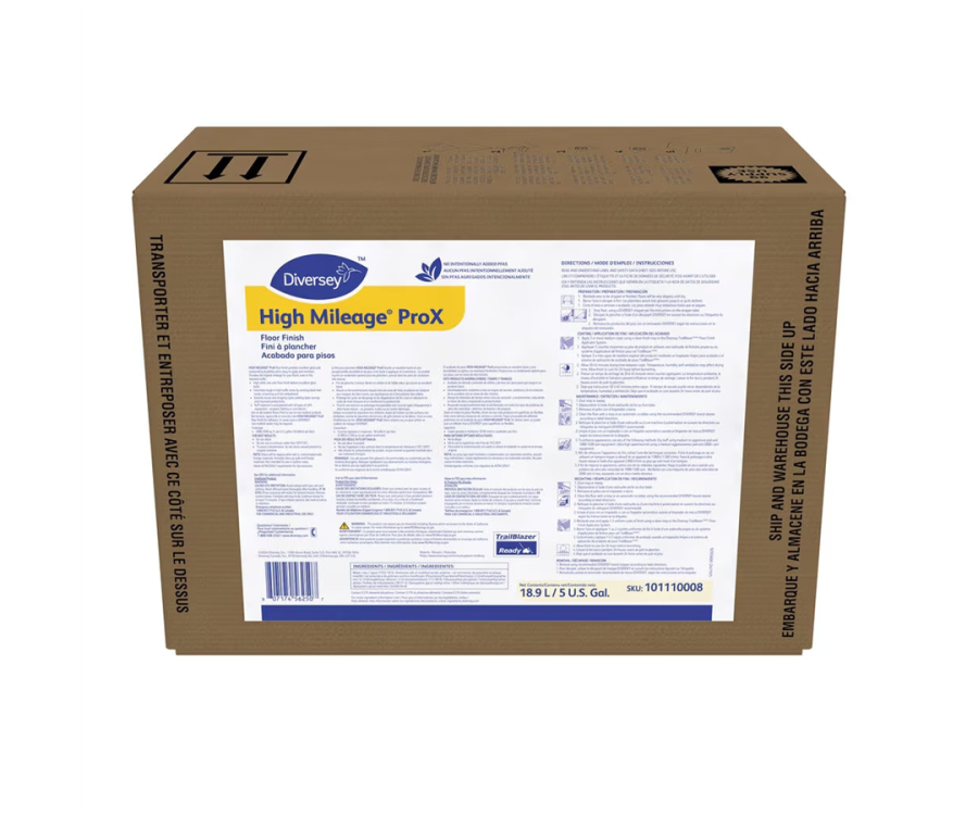 A brown cardboard box with a white label containing text and instructions printed on the front. High Mileage® ProX Floor Finish (5 Gal., 1/Case)